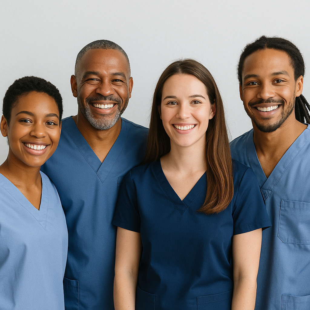 Happy caregivers and clients working together